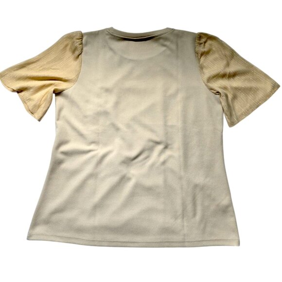 Ann Taylor Beige Contrast Silky Sleeve Knit Top – Elegant Textured Short Sleeve - Picture 4 of 5